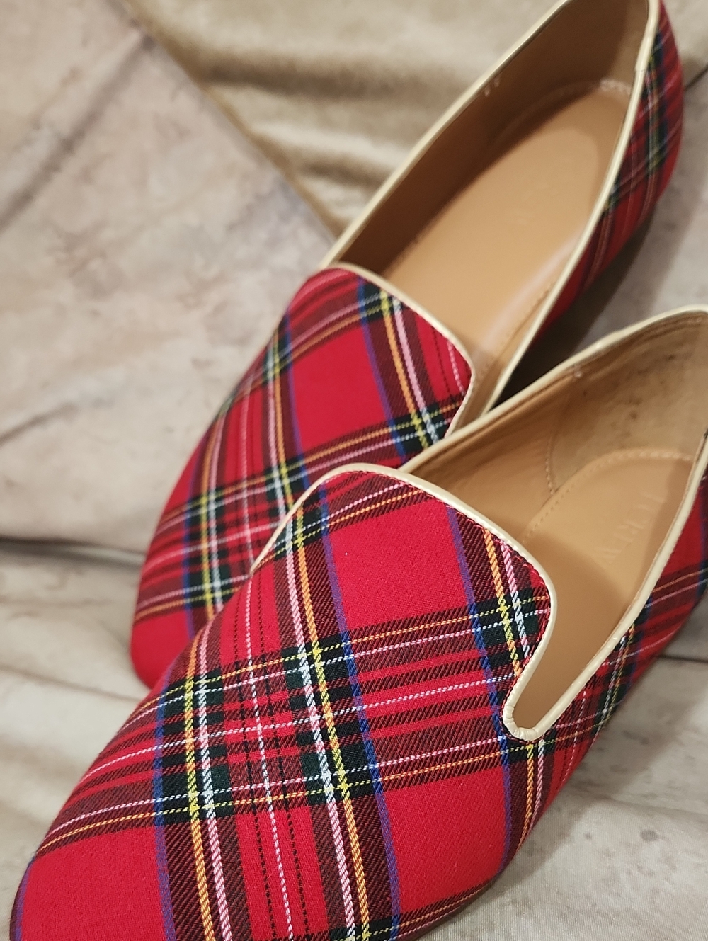 J. Crew Red Plaid Slip-On Loafers with Gold Trim 🎄